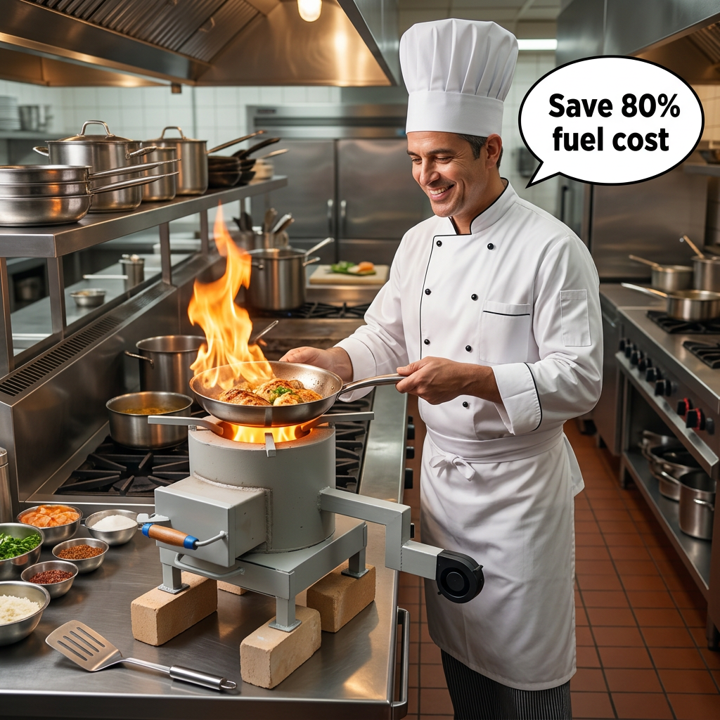 Happy chef cooking with a Turbo Stove — Save 80% fuel cost